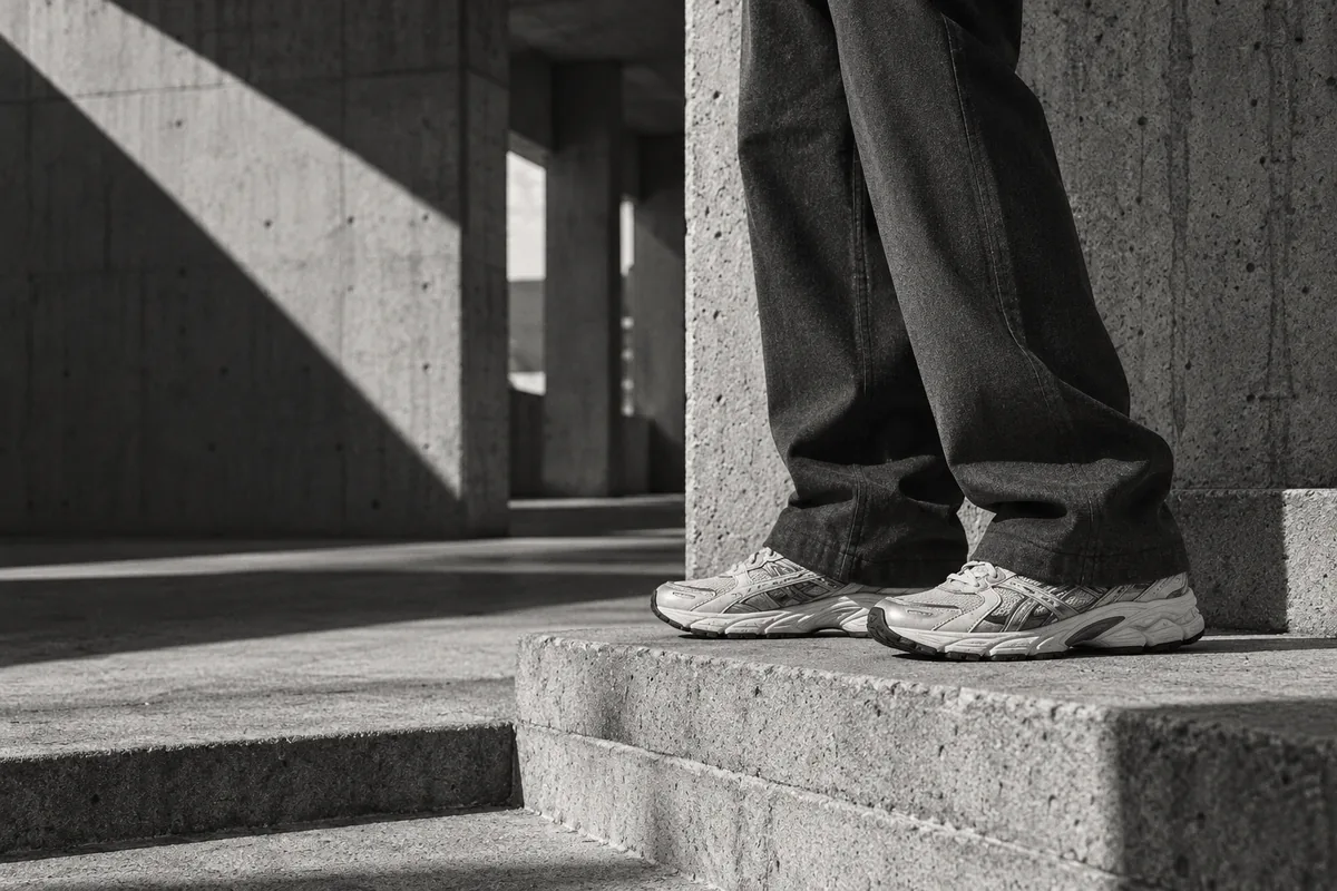 Concept editorial of relaxed trousers and sneakers on concrete steps