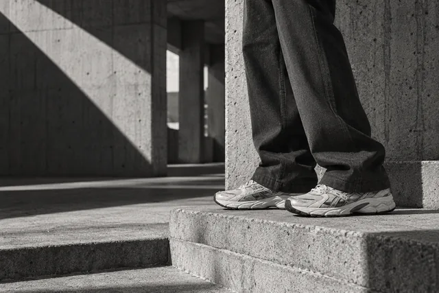 Concept editorial of relaxed trousers and sneakers